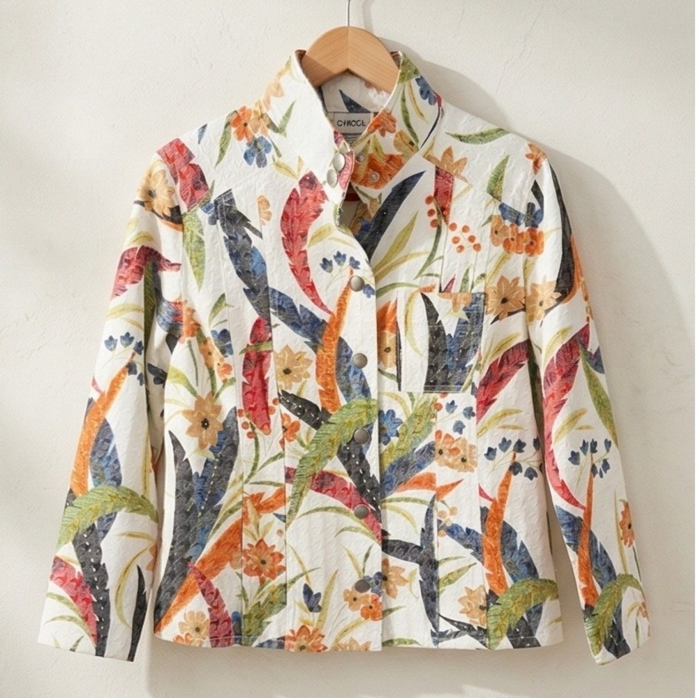 Chico's 1 Floral Tropical Tapestry Button Front Jacket White‎ Multi Medium NWOT